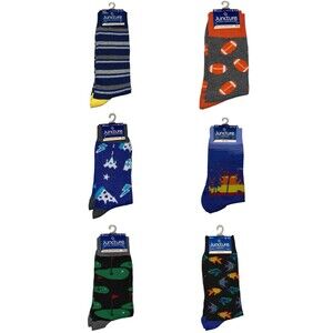 6x Juncture Mens Crew Socks Football Fish Golf Sunset Stripes  Spaceship 6-12